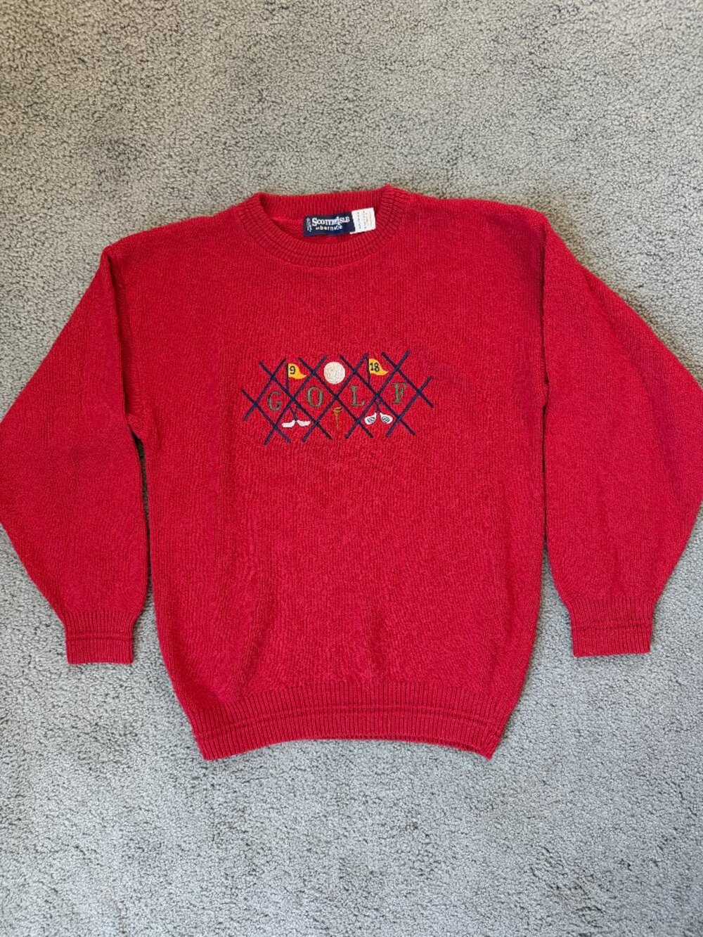 VTG 90s Scottish Isle by Bernette Red Cotton Embroidered Golf Sweater L - USA